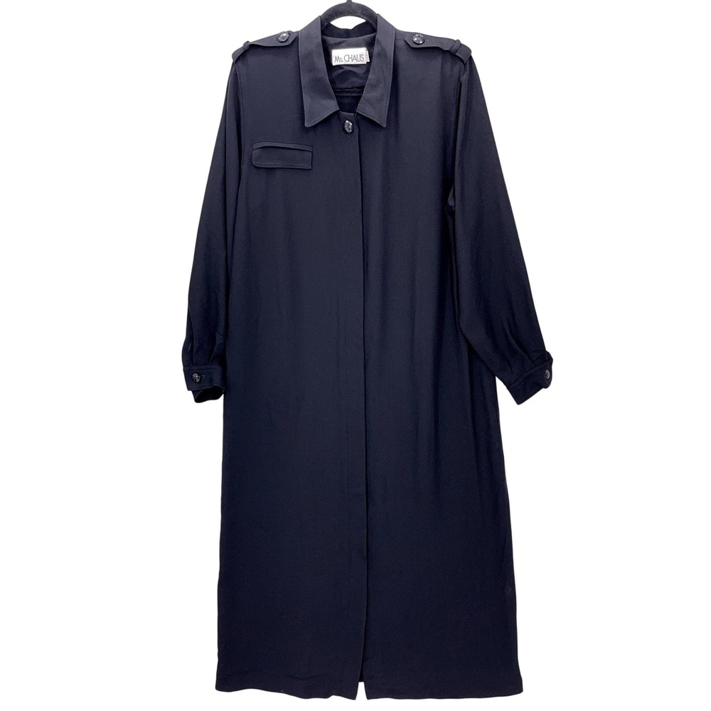 Vintage 80s Ms. CHAUS Black Long Sleeve Trench Coat Shirt Dress 14 Plus Curvy